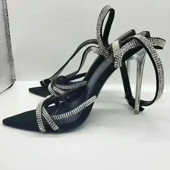 Beautiful Miss Lola Black EMBELLISHED STRAP Clear Heels Open Toe Size 6 - Picture 11 of 11